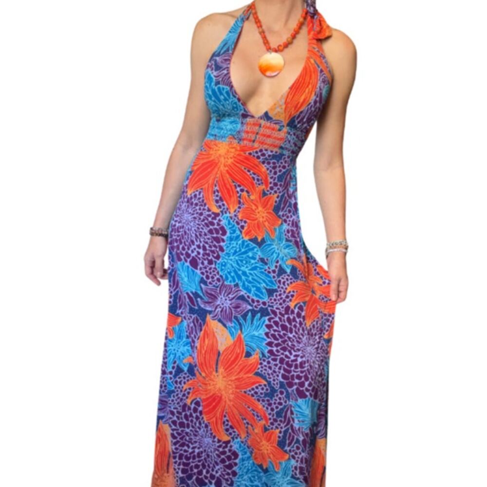 Moda International Y2K Tropical Halter Maxi Dress S